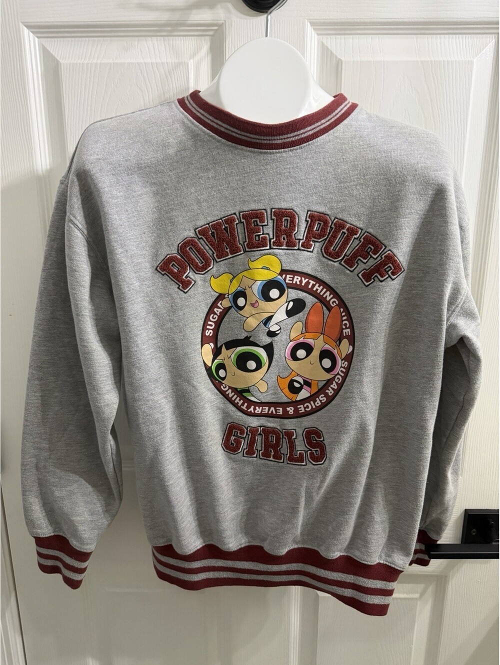 90s Y2K Powerpuff Girls Sweatshirt Medium Gray Maroon Trim Cartoon Network...